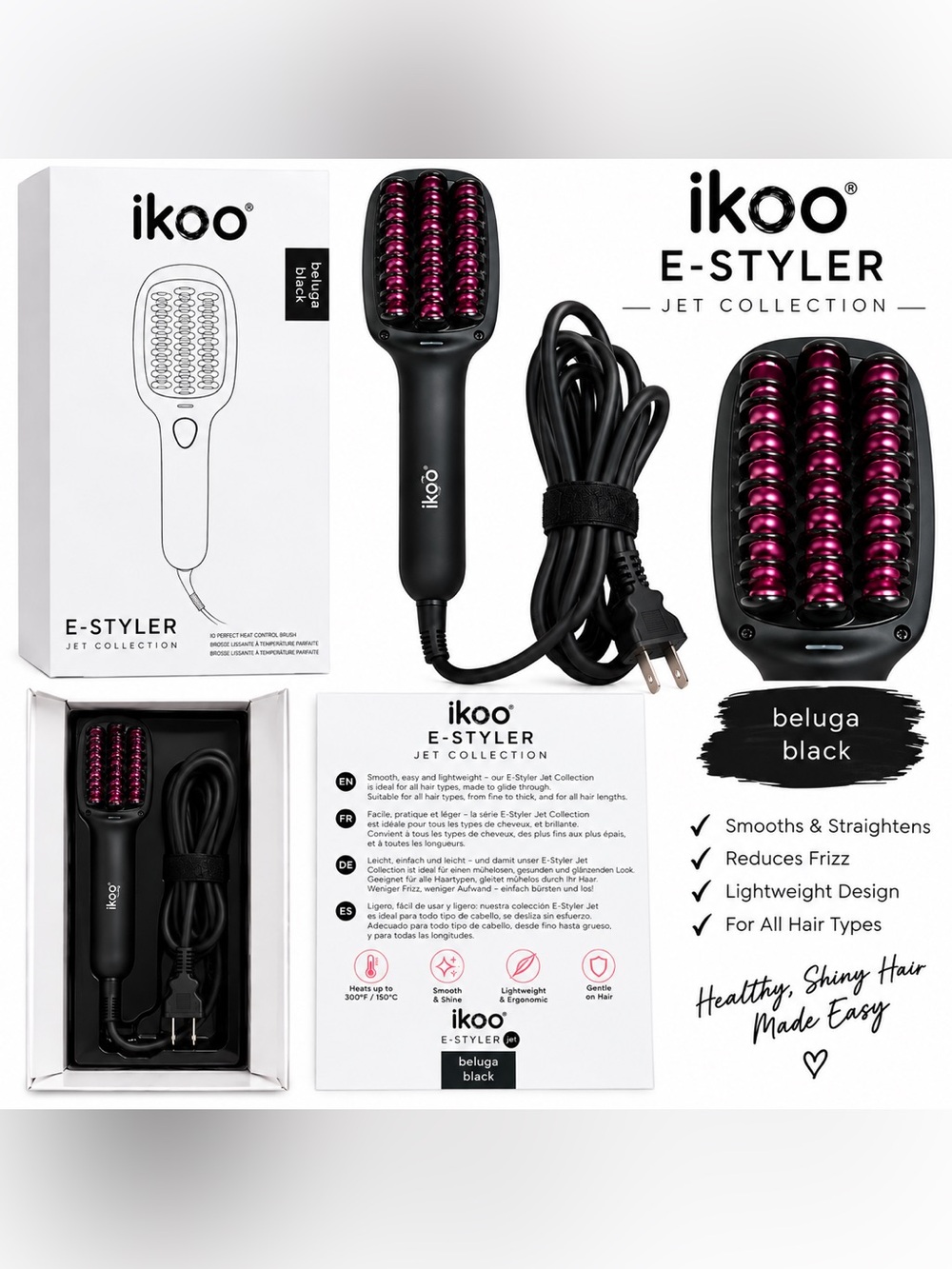 New Open Box - E-Styler Jet Collection Hair Straightening Brush - Beluga Black